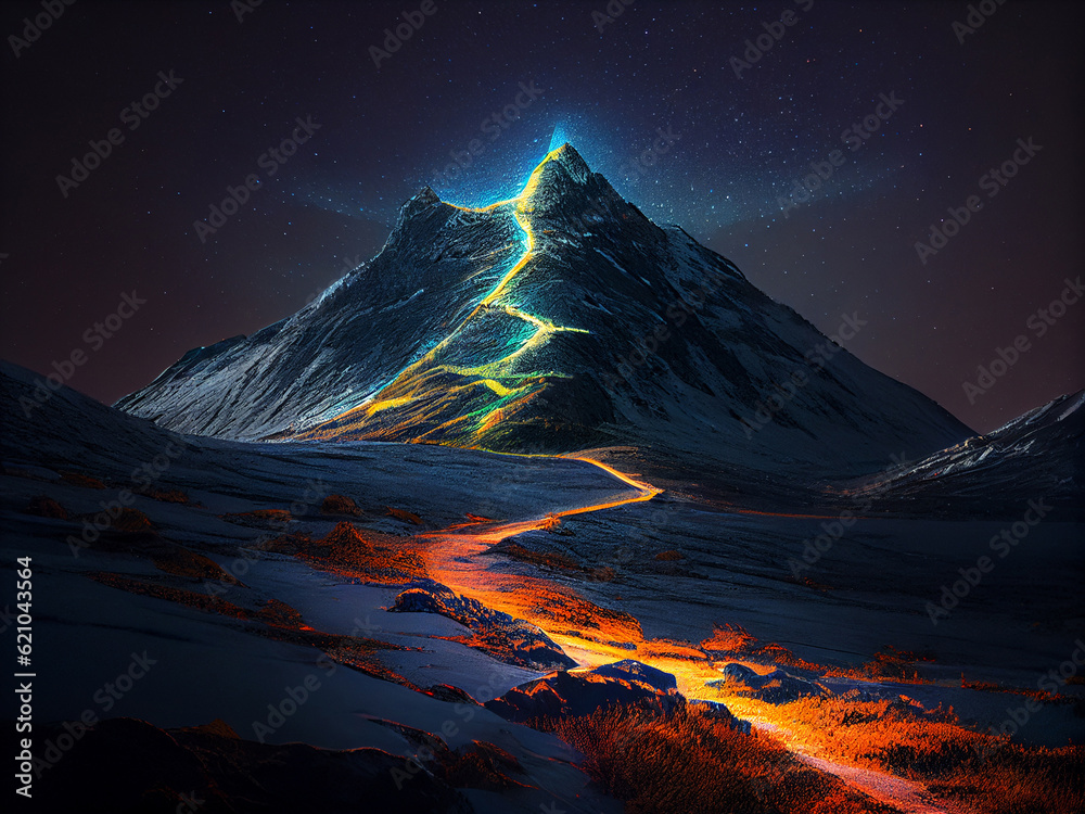 Brightly glowing winding path to the top of a large snow-covered mountain, at night illumination. Generative AI