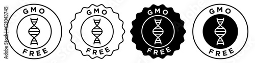 GMO free icon set collection. Non GMOs sign and symbol in badge seal emblem style stamp vector. Black outlined sticker of genetically modified organisms dna.  Organic vegan food product logo label app