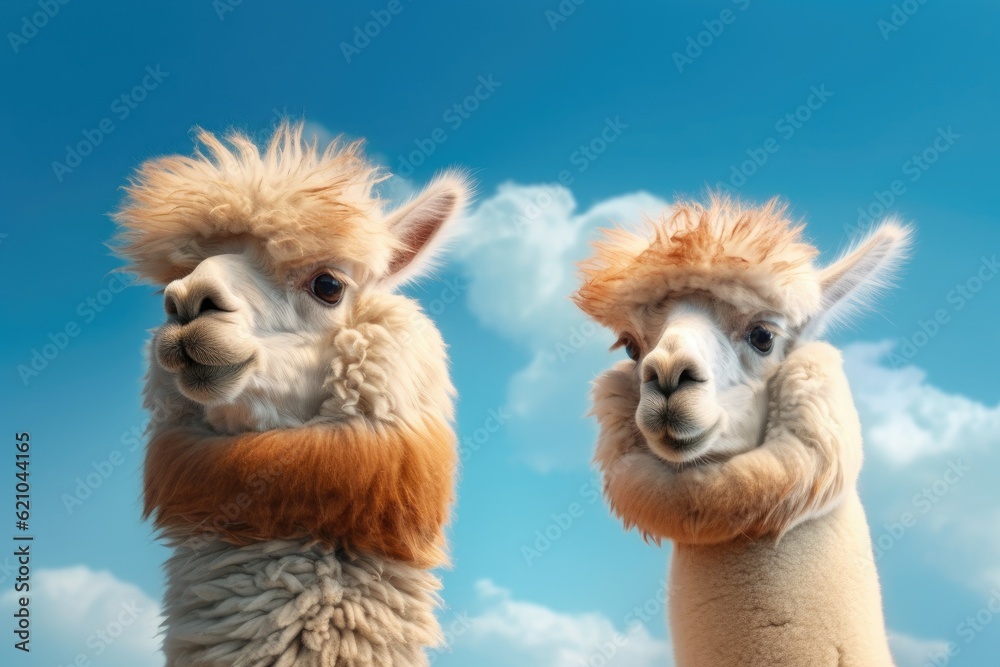 A picture of two alpacas is set on a sky blue background. from South America, camelid