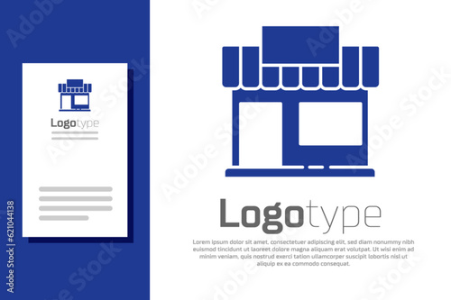 Blue Shopping building or market store icon isolated on white background. Shop construction. Logo design template element. Vector Illustration