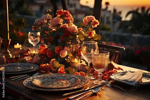 A mediterranean dinner table setting in the garden during the golden hour with flowers and fancy glasses 