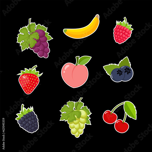 cute cartoon fruit sticker set, vector illustration