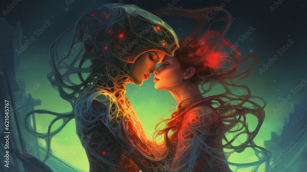 cyborg skeleton hugs a girl. cyborg skeleton hugs a girl.