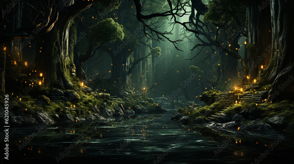 Mystical forest with lush green trees and a hint of enchantment, Digital background Generative AI