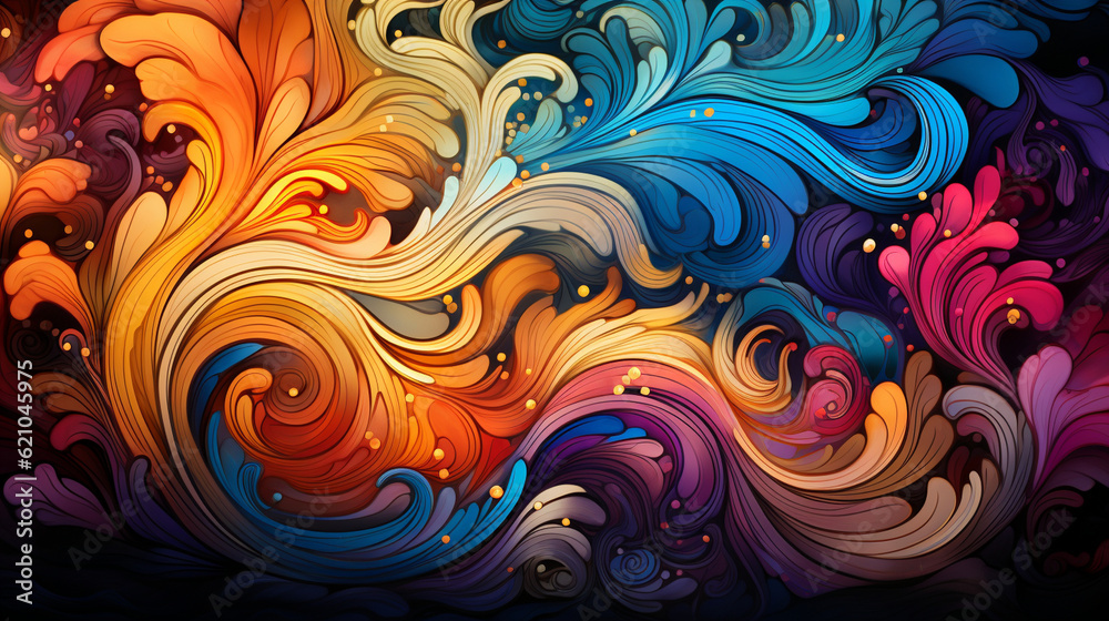 Psychedelic pattern with vibrant swirls and intricate details, Digital background Generative AI