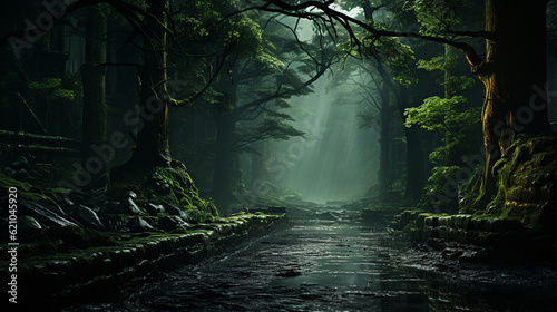 Mystical forest with lush green trees and a hint of enchantment, Digital background Generative AI © Катерина Євтехова