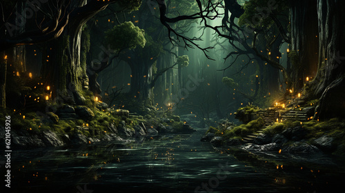 Mystical forest with lush green trees and a hint of enchantment  Digital background Generative AI