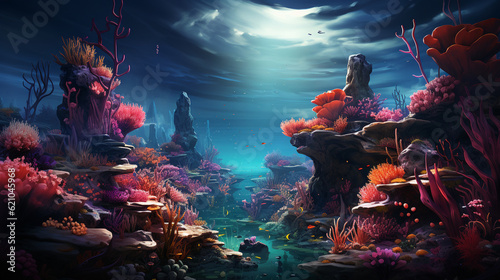 Whimsical underwater scene with colorful coral reefs and tropical fish, Digital background Generative AI