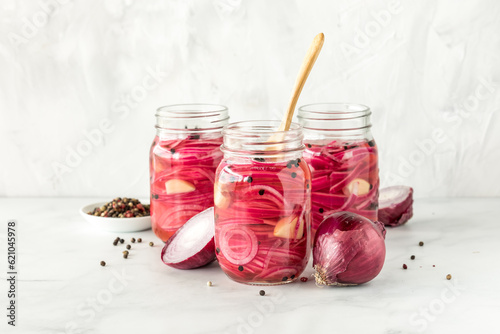 Slika na platnu Jars of sliced pickled red onions with peppercorns and garlic cloves