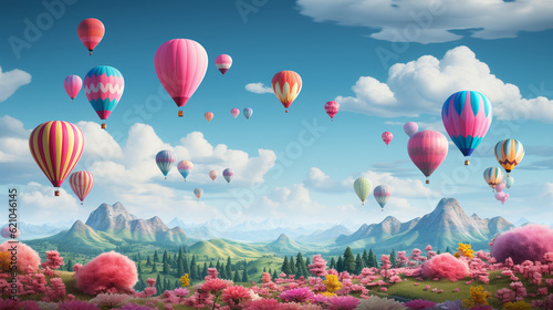 Whimsical hot air balloons floating in a clear blue sky, Digital background Generative AI