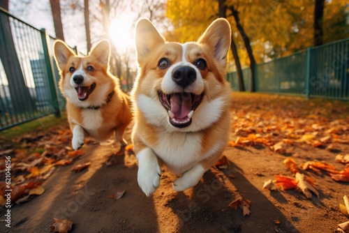 Two corgi dogs run in atumn park.