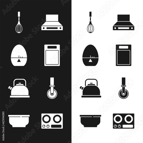Set Cutting board, Kitchen timer, whisk, extractor fan, Kettle with handle, Pizza knife, Gas stove and Bowl icon. Vector