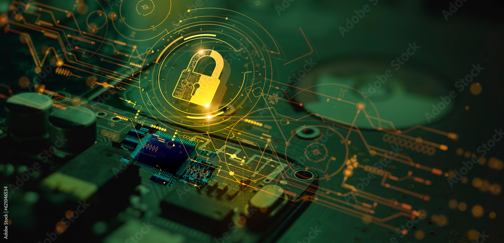 Digital padlock icon, cyber security network and data protection technology on virtual interface screen. Online internet authorized access against cyber attack.and business data privacy concept