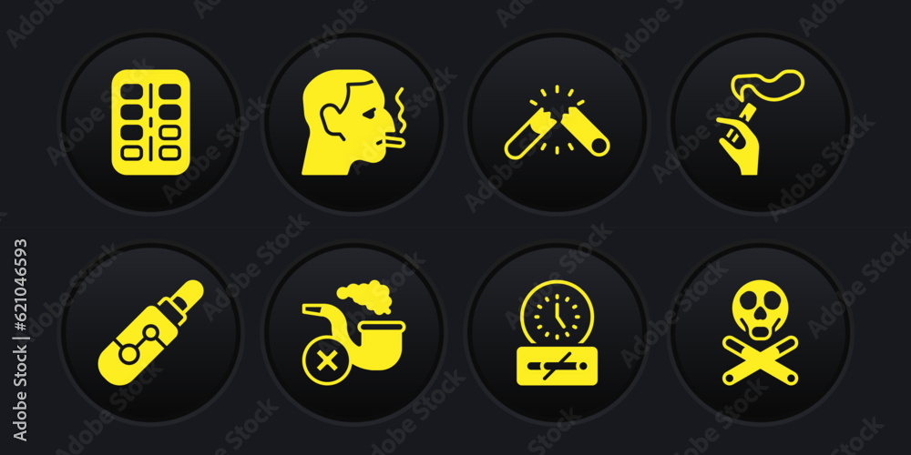 Set Electronic cigarette, Hand with smoking, Smoking pipe smoke, No time, Broken, Man, Bones skull and Nicotine gum blister pack icon. Vector Set Electronic cigarette, Hand with smoking, Smoking pipe smoke, No time, Broken, Man, Bones skull and Nicotine gum blister pack icon. Vector