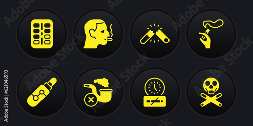 Set Electronic cigarette, Hand with smoking, Smoking pipe smoke, No time, Broken, Man, Bones skull and Nicotine gum blister pack icon. Vector