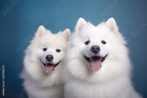 Portrait of two happy cute white Samoyed dog