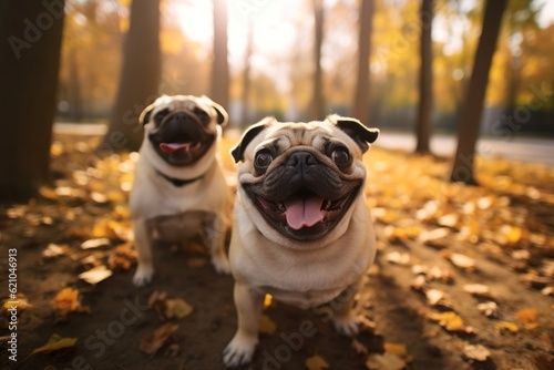 Portrait of two cute happy pug dogs on the walking.