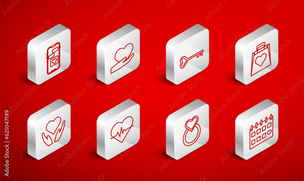 Set line Calendar with heart, Heart in hand, Key shape, Shopping bag, Wedding rings, Mobile, rate and icon. Vector Set line Calendar with heart, Heart in hand, Key shape, Shopping bag, Wedding rings, Mobile, rate and icon. Vector