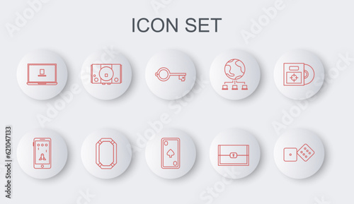 Set line Game dice, Mobile and playing in game, Ancient key for, Chest, Laptop, Video console, Poker table and Playing card with diamonds icon. Vector