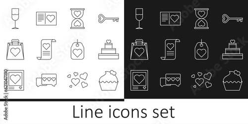 Set line Wedding cake with heart, Heart the center hourglass, Envelope Valentine, Shopping bag, Wine, tag and Valentines day flyer icon. Vector
