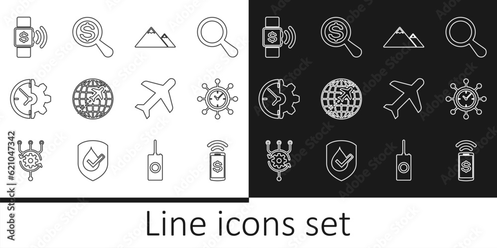Set line Contactless payment, Clock and gear, Mountains, Globe with flying plane, Plane and Magnifying glass dollar icon. Vector