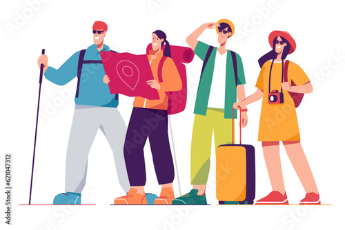 Vector illustration of a group of happy friends tourists travelers