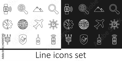 Set line Contactless payment, Clock and gear, Mountains, Globe with flying plane, Plane and Magnifying glass dollar icon. Vector