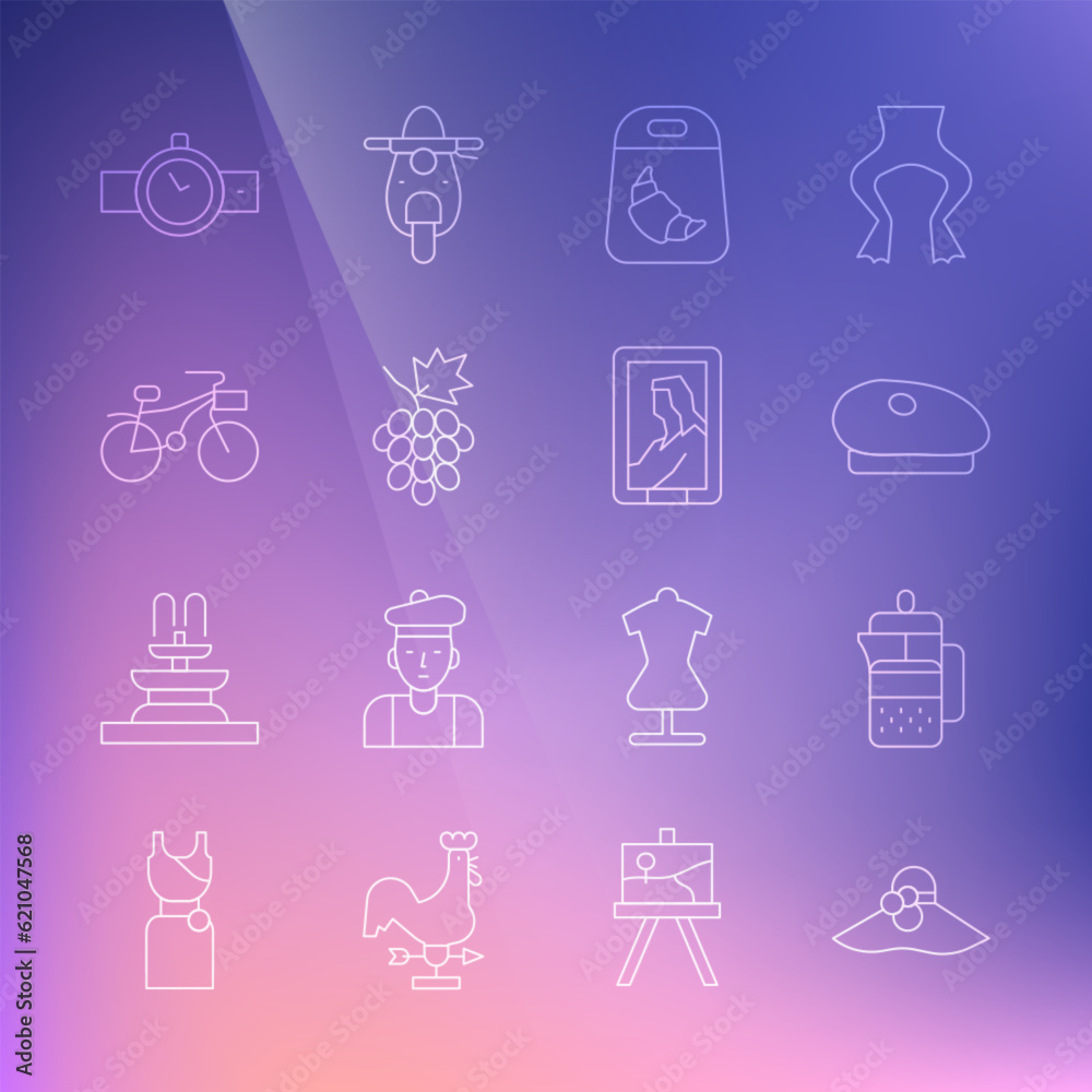 Set line Elegant women hat, French press, beret, Croissant package, Grape fruit, Bicycle, Wrist watch and Portrait in museum icon. Vector