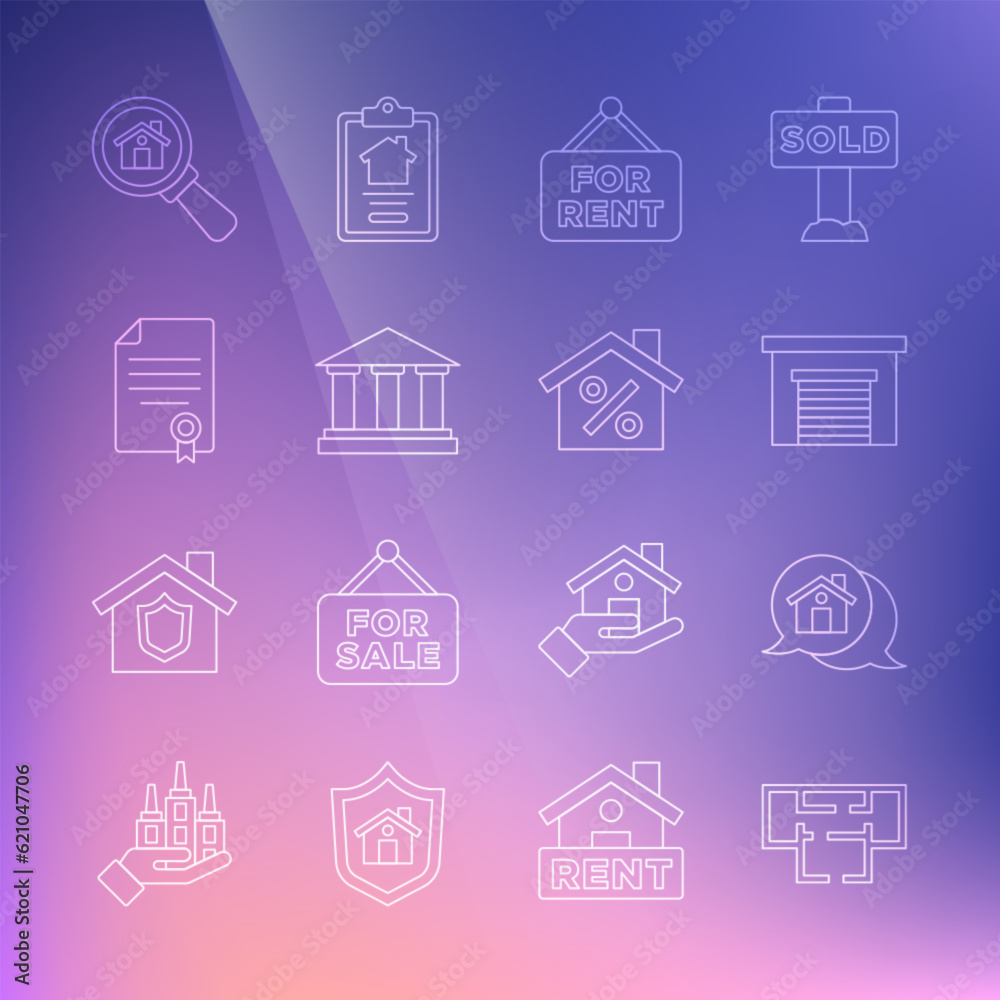 Set line House plan, Real estate message house, Garage, Hanging sign with For Rent, Museum building, contract, Search and percant discount icon. Vector