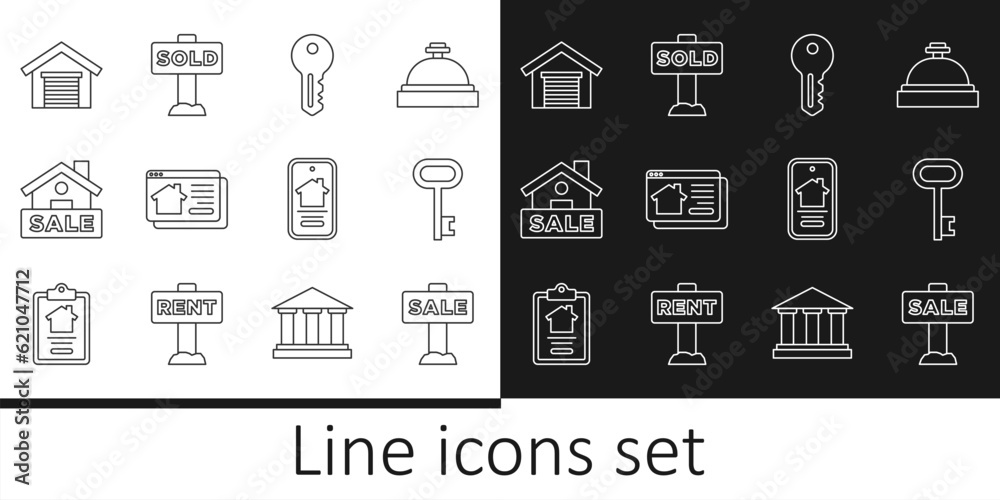 Set line Hanging sign with Sale, House key, Online real estate house, Garage, and text Sold icon. Vector