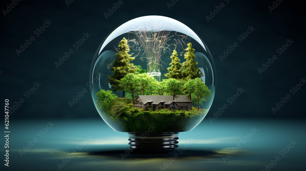 Eco light bulb with trees inside at dark natural background, Environmental protection, renewable, sustainable energy sources. Plant growing in the bulb with there. Generative AI