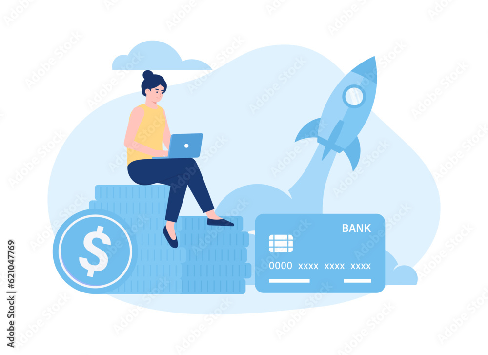 Bank worker sitting with coins and credit card trending concept flat illustration Bank worker sitting with coins and credit card trending concept flat illustration