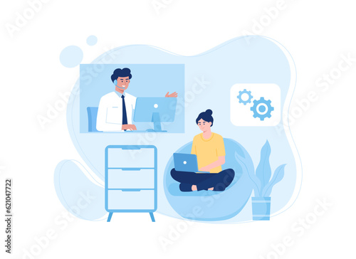 Sitting woman having online meeting with couch trending concept flat illustration
