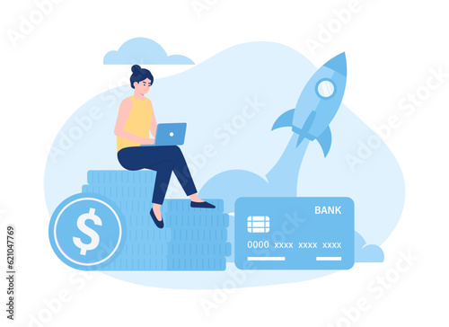 Bank worker sitting with coins and credit card trending concept flat illustration