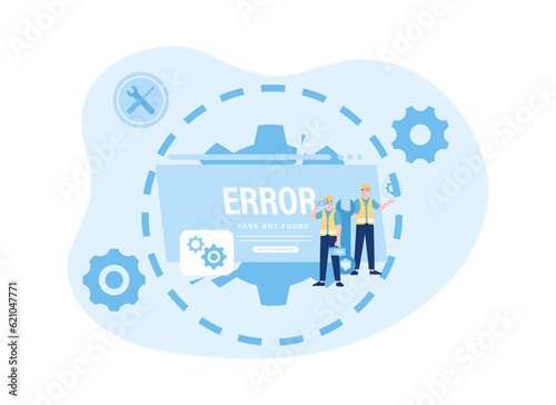 Construction worker fixes error page not found trending concept flat illustration
