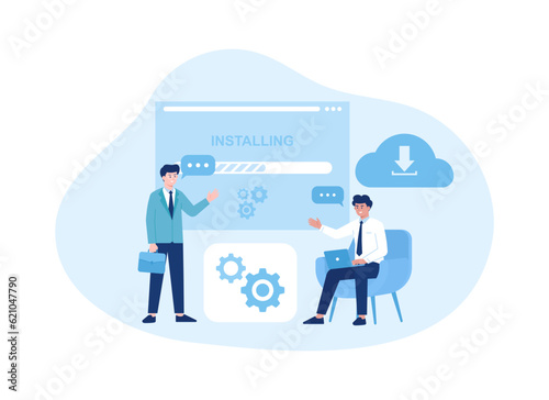 Business people install software trending concept flat illustration