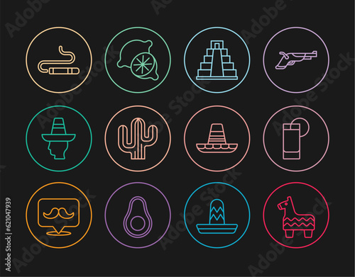 Set line Pinata, Tequila glass with lemon, Chichen Itza Mayan, Cactus, Mexican man sombrero, Cigar, and Lime icon. Vector