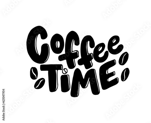 Phrase Coffee time,  vector lettering logotype, coffee signboard. Hand drawn lettering quote for cafe and restaurant.  Ink illustration. Modern brush calligraphy.