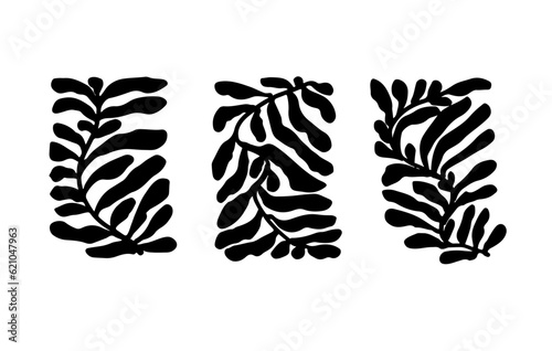 Trendy organic plant shapes collection. Hand drawn abstract stylized leaf in rectangle shapes. Vector black ink illustration with brush strokes. Abstract matisse and naive style of leaves.