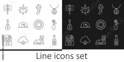 Set line Beer bottle, Flower in vase, Psilocybin mushroom, Tourist tent, Guitar, Peace, Sun and Marijuana icon. Vector