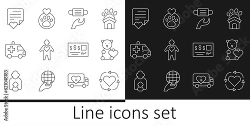 Set line Volunteer, Donate child toys, Medical protective mask, Ambulance car, Envelope with heart, Bank check and Heart animals footprint icon. Vector