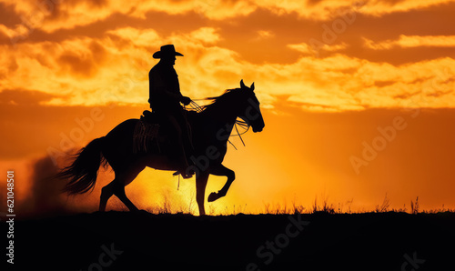 Cowboy riding a horse into sunset, only silhouette visible against orange sky. Banner, copy space for text right side. Generative AI