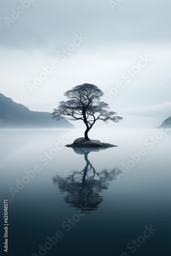tree on the lake, tranquility scene. generative AI