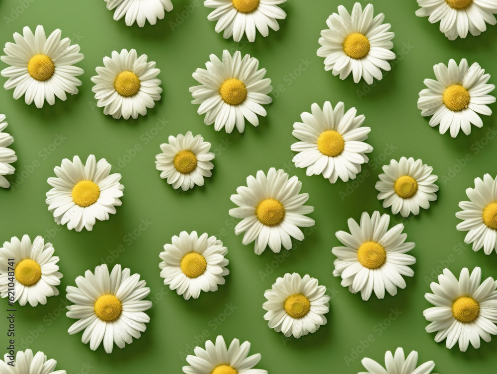 Minimal styled concept. White daisy chamomile flowers on pale green background. Creative lifestyle, summer, spring concept. Copy space, flat lay, top view.