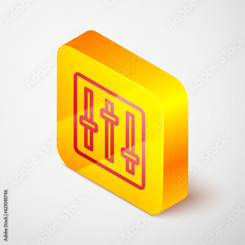 Isometric line Sound mixer controller icon isolated on grey background. Dj equipment slider buttons. Mixing console. Yellow square button. Vector