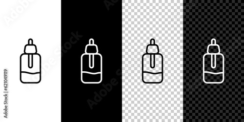 Set line Essential oil bottle icon isolated on black and white,transparent background. Organic aromatherapy essence. Skin care serum glass drop package. Vector