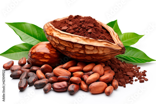 Cocoa ingredients with cocoa beans, fresh cocoa pod isolated on white background.