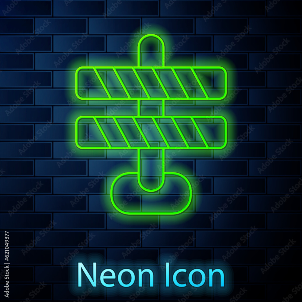 Glowing neon line Road barrier icon isolated on brick wall background. Symbol of restricted area which are in under construction processes. Repair works. Vector