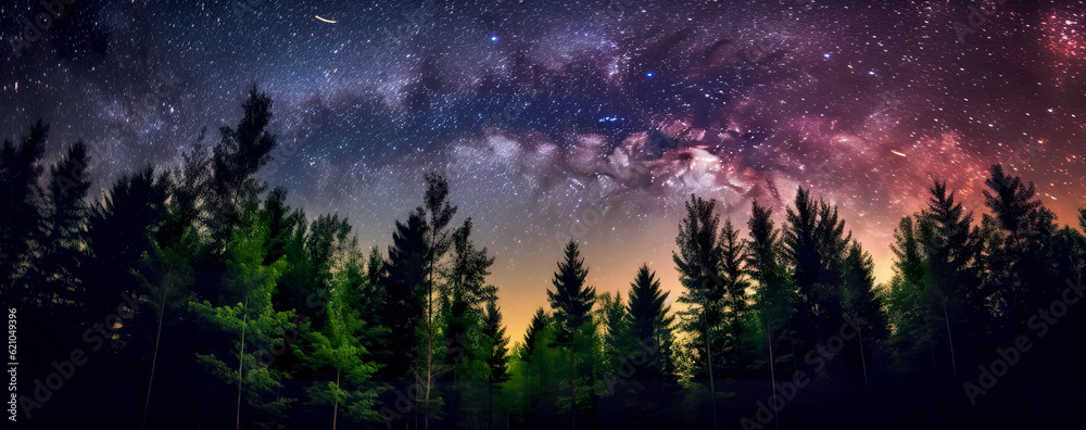 The Milky Way rises over the pine trees on a foreground. Generative AI