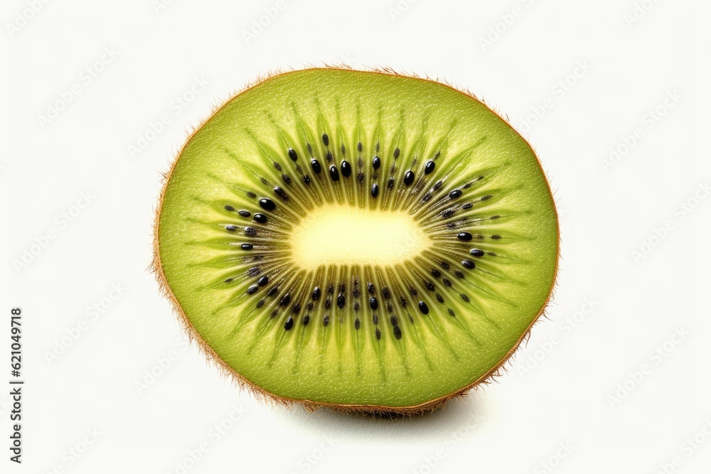 A slice of a ripe, vibrant, and delicious flying kiwi fruit is shown alone on a white backdrop. A slice of a ripe, vibrant, and delicious flying kiwi fruit is shown alone on a white backdrop.